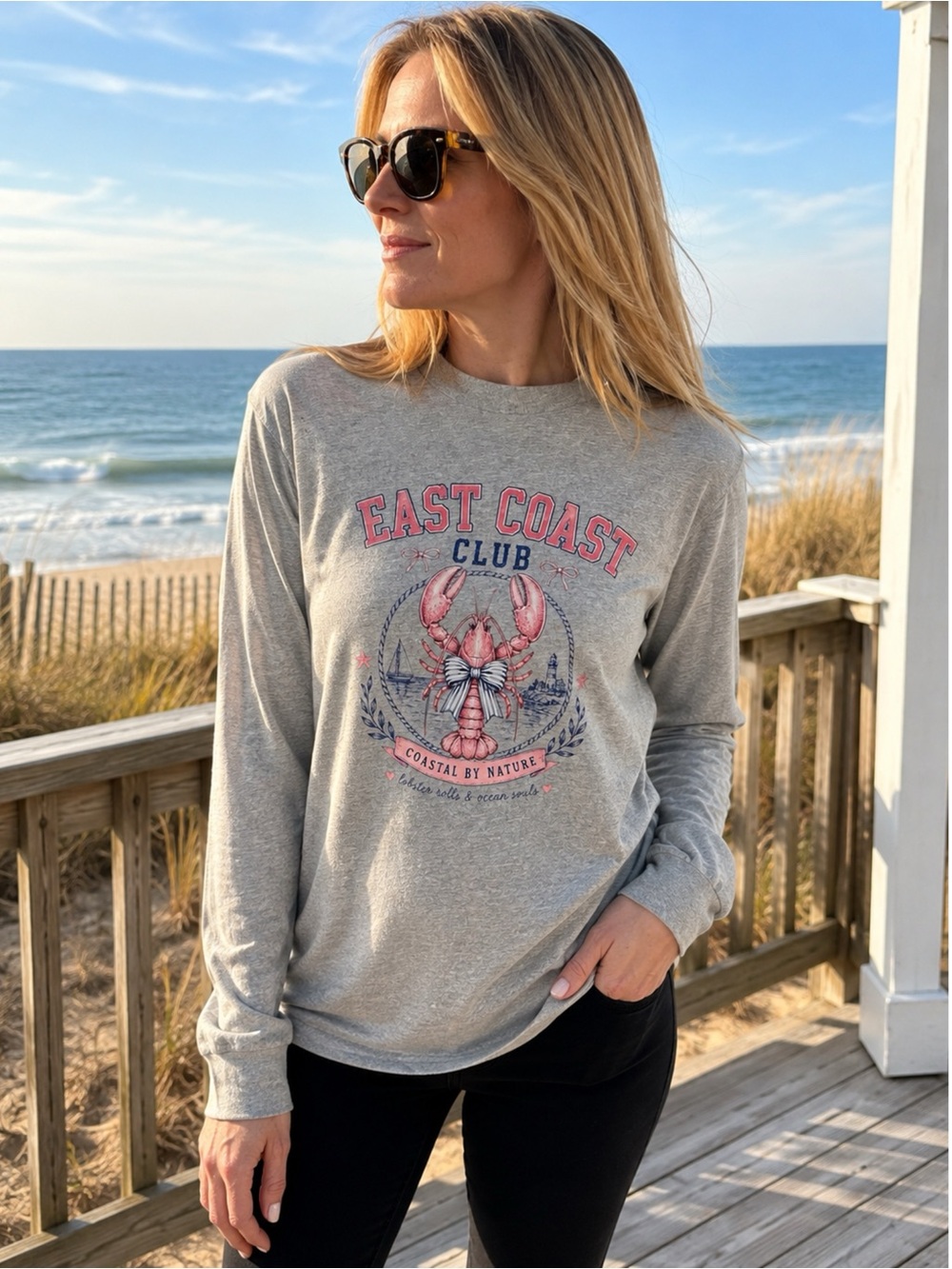 East Coast Club Preppy Lobster Long Sleeve T-Shirt in Gray Womens Small New Top - Picture 2 of 7